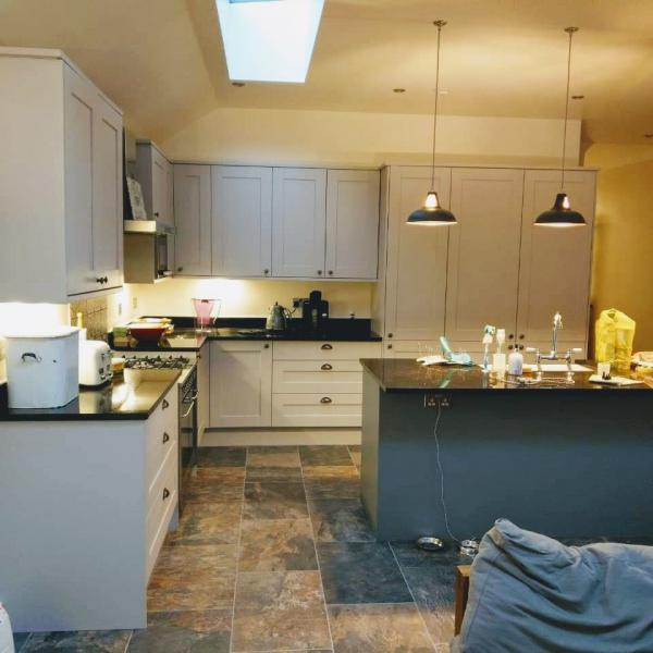 Kitchen with lights on